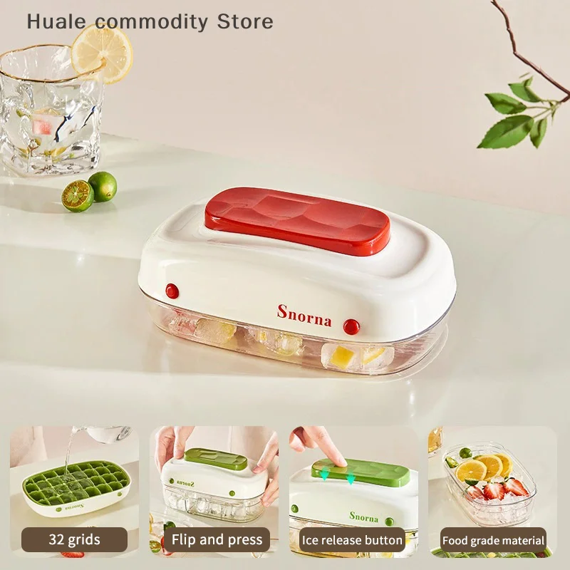 Bandeja de cubos de gelo com tampa e prensa de silicone, 32 grades, caixa de molde de gelo para bar, acessórios de cozinha