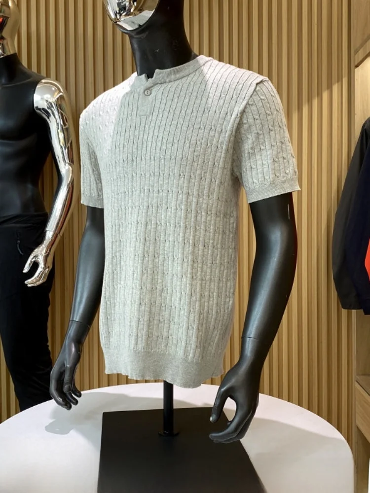 

American Style Knitted Short Sleeve T-Shirt Casual Breathable Henry Collar Business Leisure Spring Summer Men's Fashion