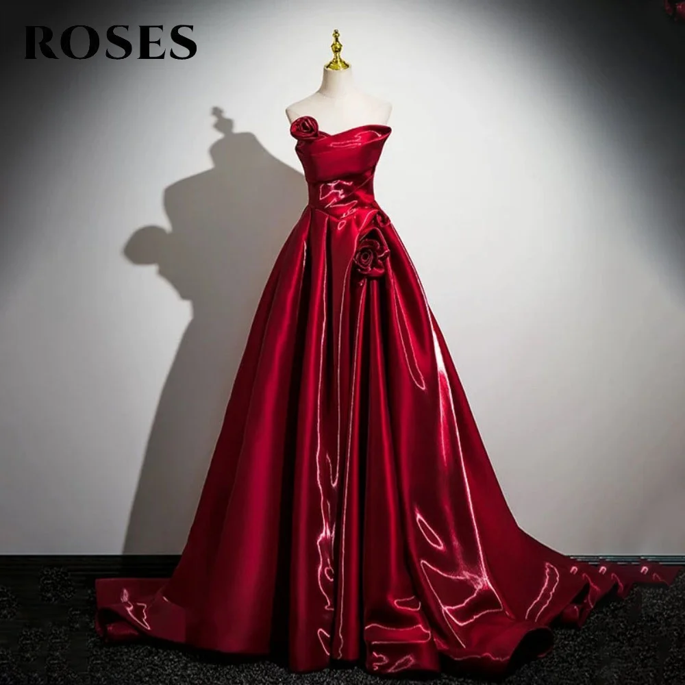 

ROSES Red Satin Party Gown A-Line Prom Dresses Off the Shoulder Wedding Evening Dresses with Pleats robes de soirée Customized