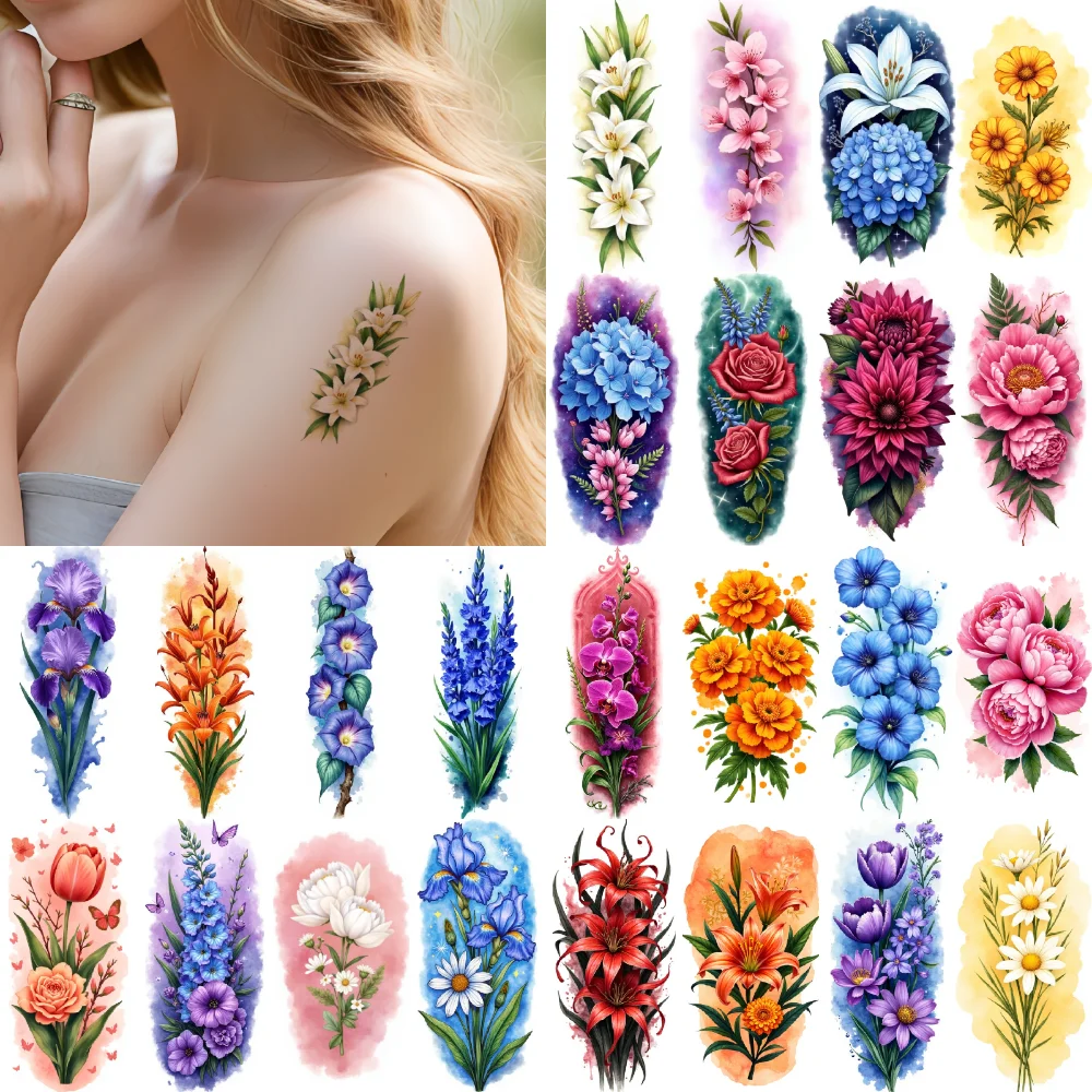 

9pcs Temporary Tattoo Colorful Realism Blue Hydrangea Purple Lavender Pink Peony For Adult Male Shoulders