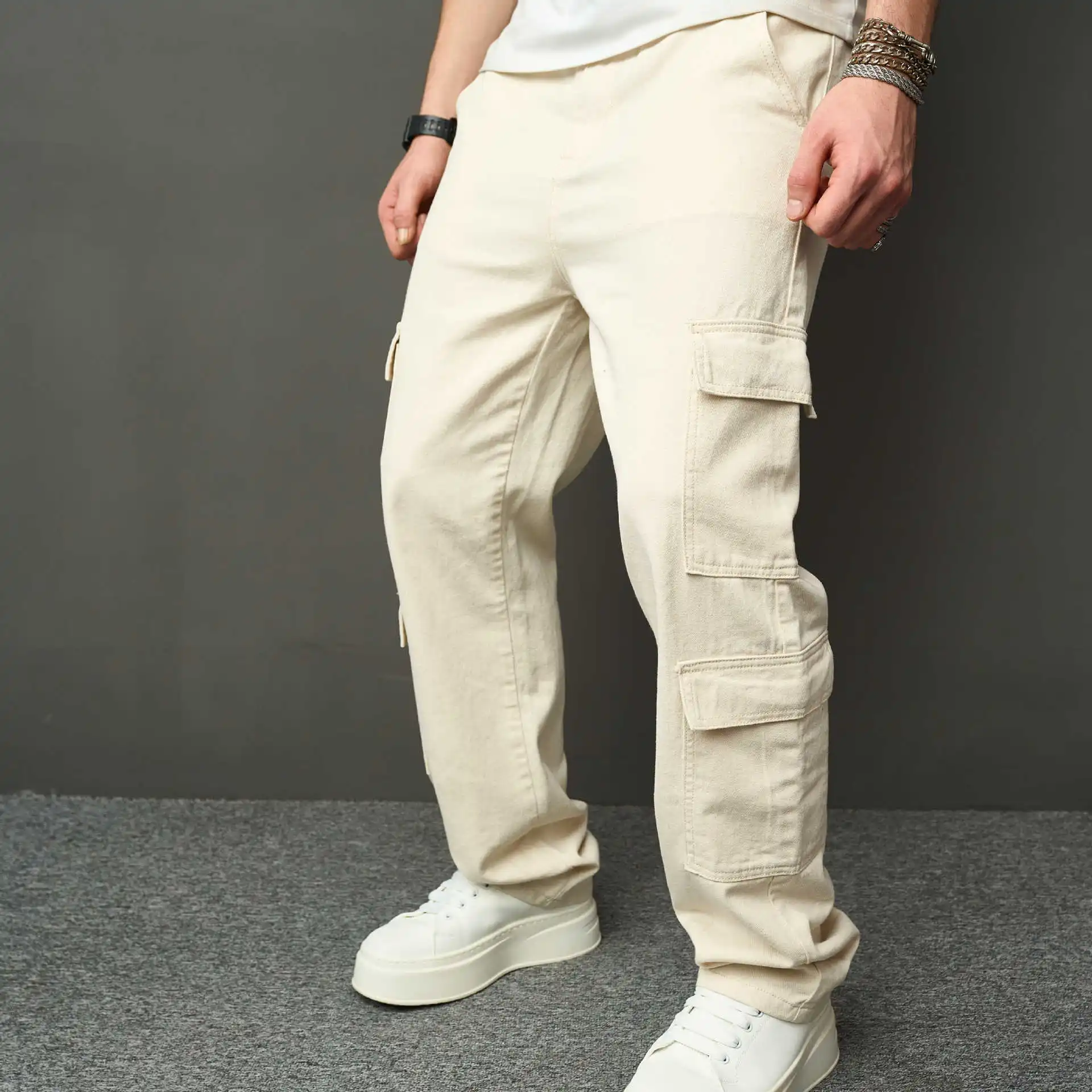 

American High Street Multi Pocket Cargo Pants Men Fashion Loose Straight Jeans Spring Autumn Casual Wide Leg Denim Trousers