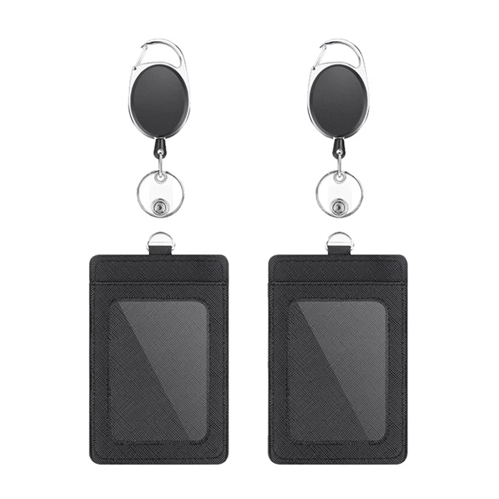 ชุดที่ใส่ป้ายและคลิปม้วนสปริงยืดหดได้สำหรับงานหนัก2ชิ้นที่ใส่ป้ายหนัง PU แนวตั้งช่องเสียบบัตรที่ช่องเสียบบัตรที่หน้าต่างบัตรประชาชนแบบใส