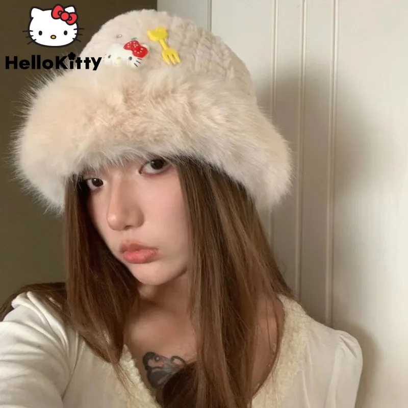 Sanrio Hello Kitty Autumn Winter New Luxury Design Hats Cartoon Plush Fashion Caps Women Accessories Y2k Lovely Hat Headwear