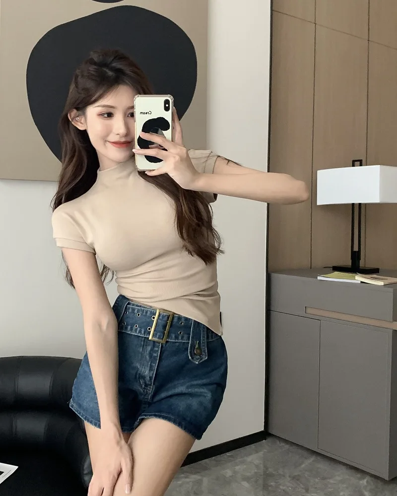 Koreanische Mode Grundlegende Crop Top Dame Kurzarm Crewneck Dünne T-shirt Sommer T für Frauen Vintage Top Harajuku Y2k Streetwear – Detail 5