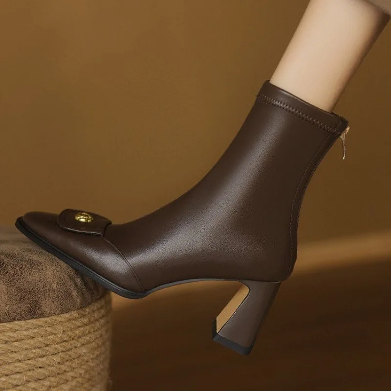 

2025 New Women Retro Ankle Boots Chunky Elegant Snow Short Boots Square Toe High Heels Designer Shoes Women Zapatos De Mujer