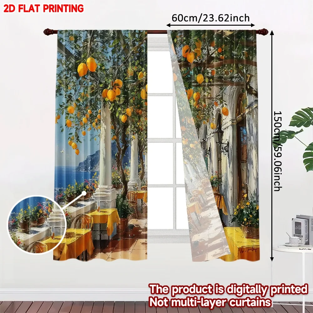 2pcs Mediterranean Courtyard Curtains Digital Printing, White Columns Orange Trees Blue Sea View for Coastal Living Room Decor