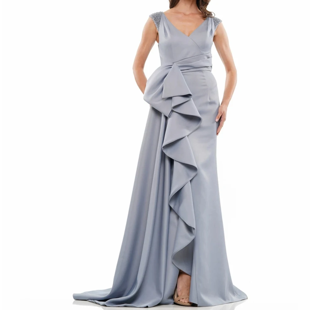 

Customized Elegant A-Line Floor Length V-Neck Jersey Sleeveless Crystal Pleats Evening Dress Fashion vestidos para mujer