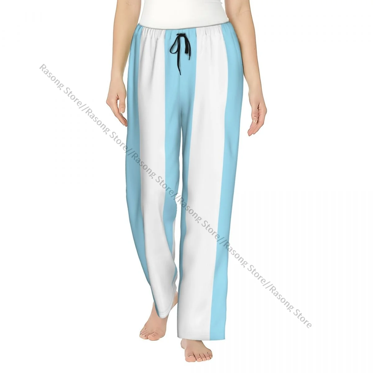 

Warm Women Pajama Pants Blue Sky And White Stripe Flannel Sleep Bottoms Soft Fleece Loungewear