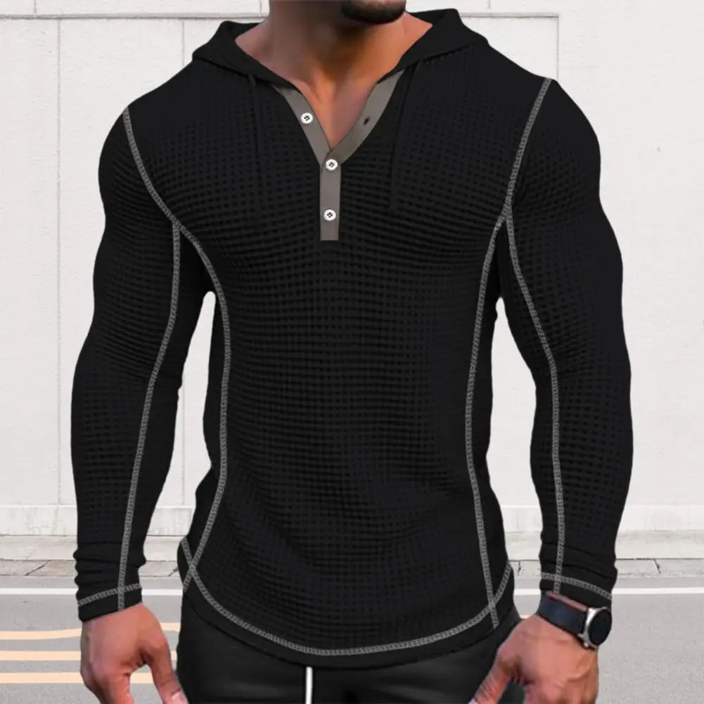 

Casual Men Hoodie Men's Stylish Slim Fit Waffle Cotton Hoodie with Button Closing Breathable Casual Long Sleeve for Fashionable