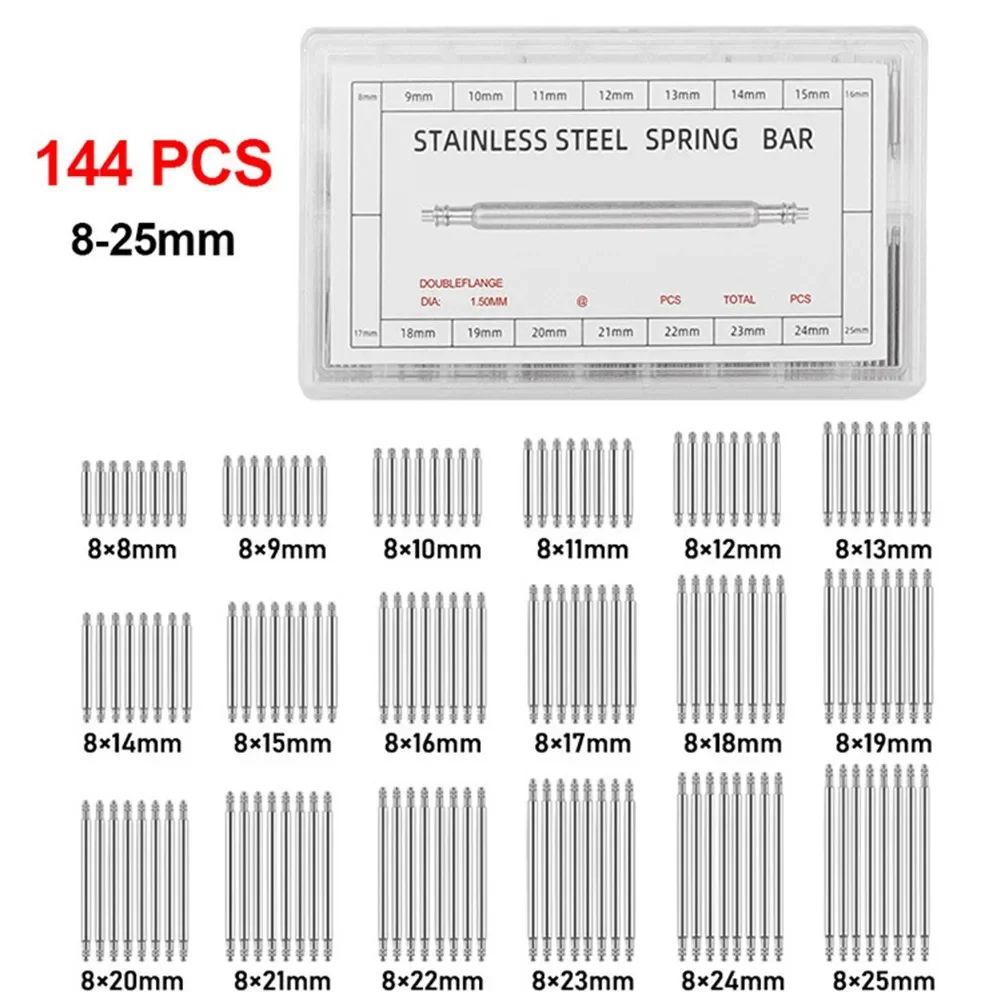Complete Specifications Stainless Steel Watch Band Strap Spring Bars Link Pins Repair Tool Set 144PCS 144 Connecting Shaft
