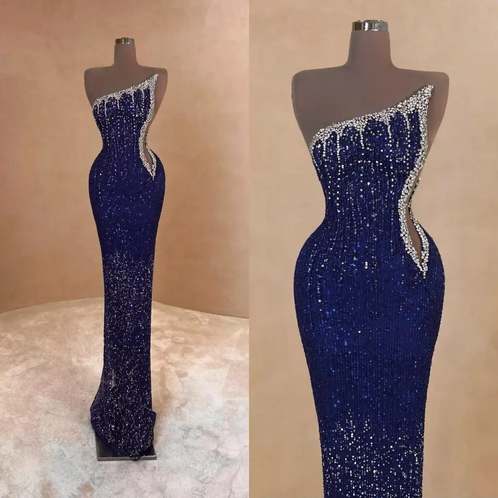 Robe de bal sirène de luxe pour femmes africaines, personnalisée, sans bretelles, col perlé, Robe de soirée de réception, Robe de célébrité