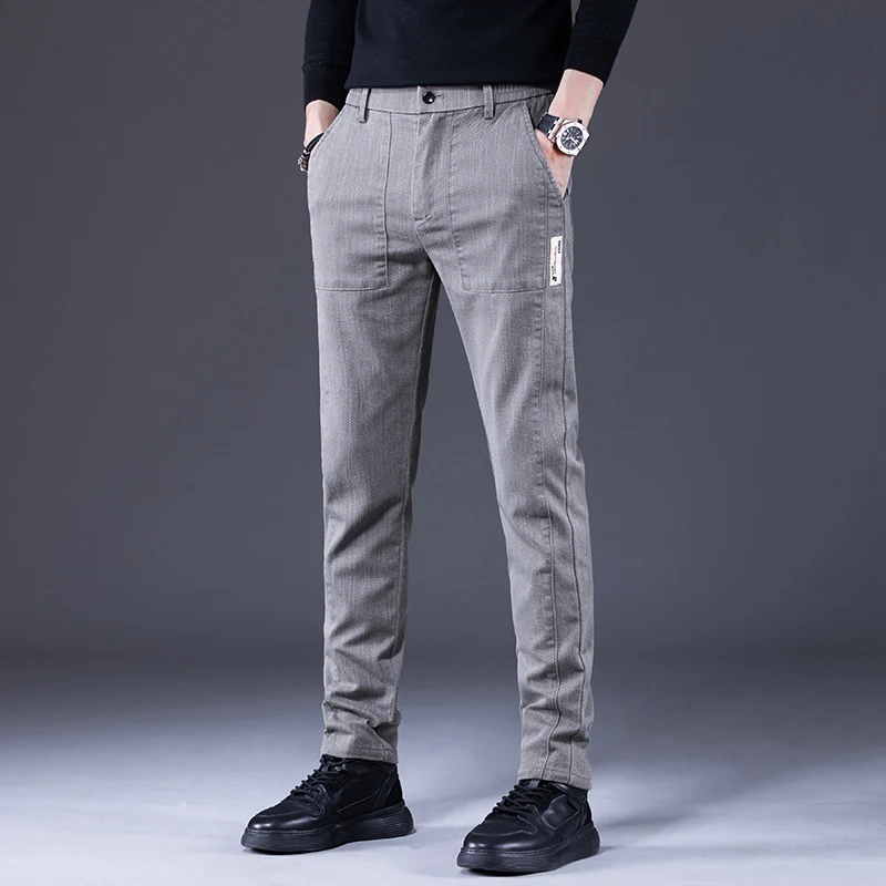 Business Fashion Men\'s Slim Pants Autumn New Elastic Casual Comfortable Little Feet Trousers Male Clothing Gray Black Blue