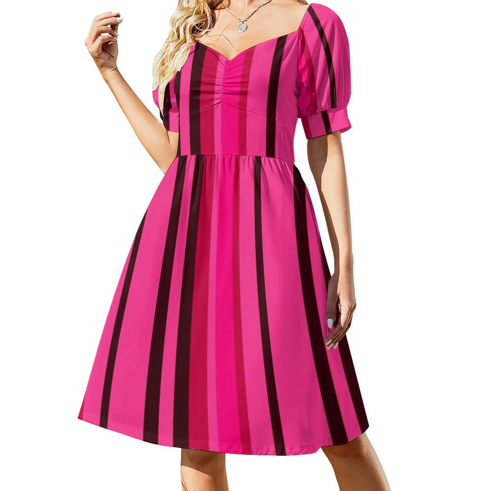 

Pink and Black Stripe Pattern Design Short Sleeved Dress dresses korean style Long dress woman Dress