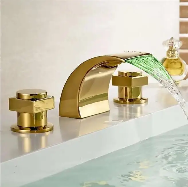 

Led basin faucet waterfall hot and cold, Copper three hole sink basin faucet golden, Brass handle bathroom bathtub faucet deck