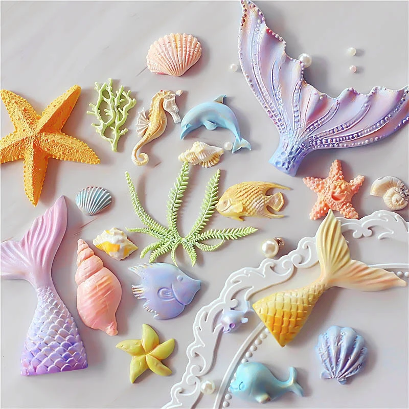 Marine Theme Fondant Mold 3D Mermaid Tail Seashell Seahorse Seaweed Turtle Dolphin Cake Decorating Tools Cupcake Topper Kitchen