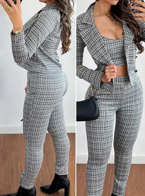 Houndstooth Printed Open Navel Top and Pants Set with Notched Collar Jacket 2023 New Fashion Hot Selling Women's Clothing