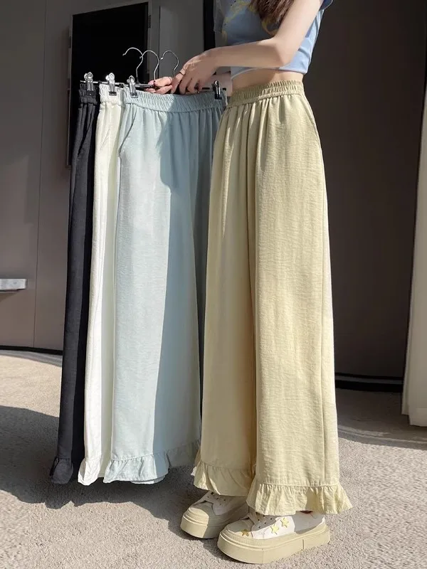 

Женские широкие брюки из хлопка и льна, тонкие, укороченные (7/8), свободные, с эластичным поясом, струящиеся, с декоративным краем, прямого кроя.