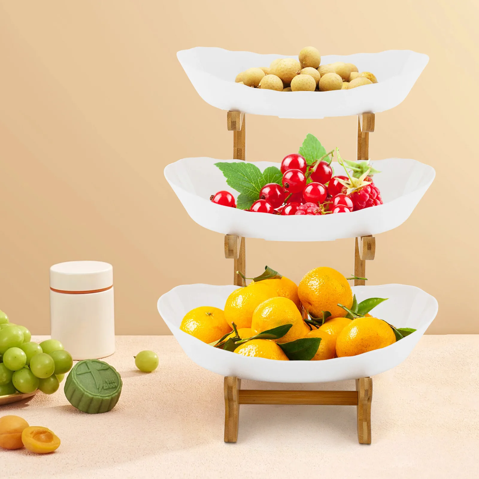 

Three Tier Serving Bowls with Tray for Party Snack Dessert Cake Stand Fruit Bowl Creative Yuanbao Shape Durable Bamboo Wood