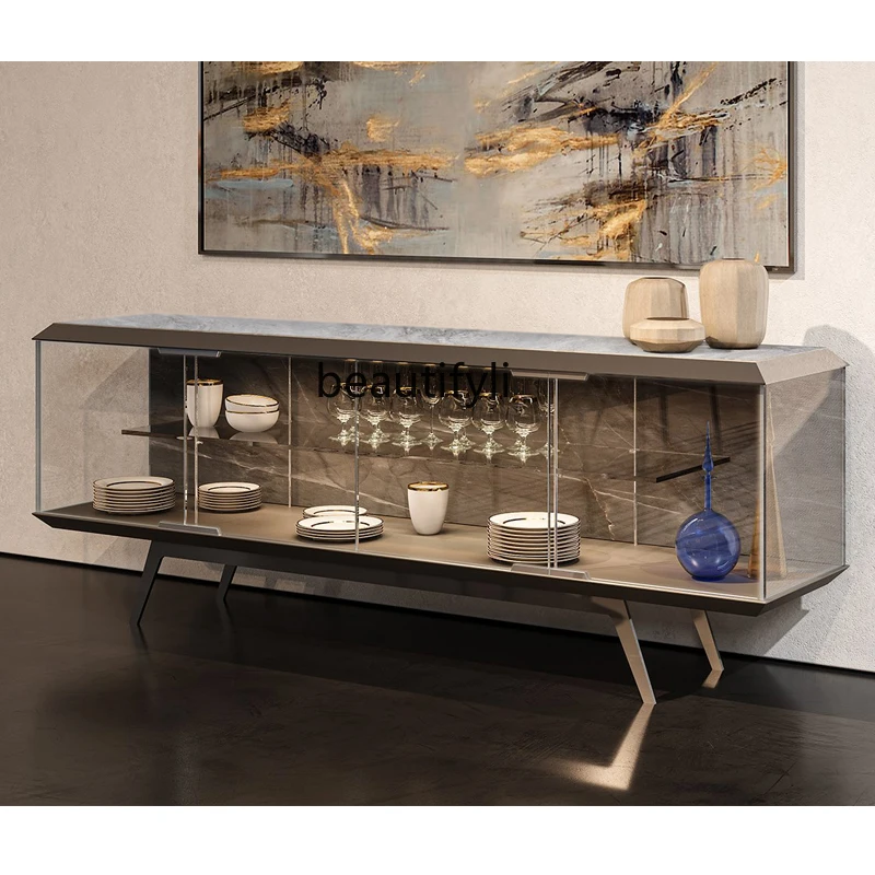 Italian Light Luxury High-End Sideboard Cabinet Luxurious and Simple Tea Cabinet Restaurant Home Glass Stainless Steel Locker