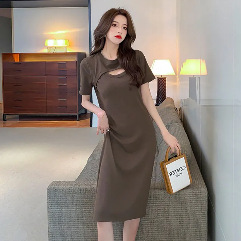 

Minimalist Style First Love Dress Women's Summer New High-End Hollow out Knee-Length Long Skirt Sweet And Spicy Short Sleeve