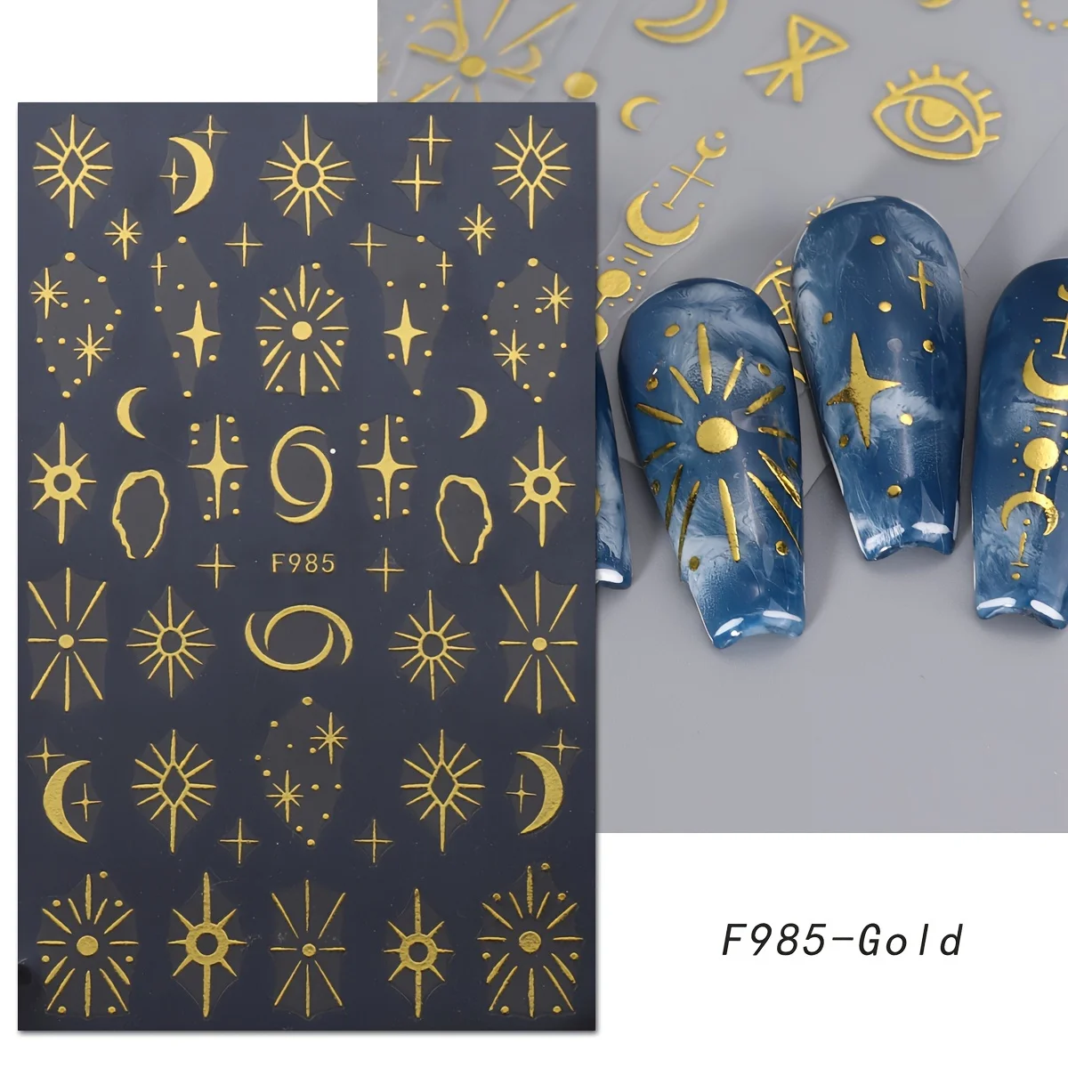 Autocollants dorés pour nail art, soleil, lune, étoile, faciles à appliquer pour la décoration des ongles, le bricolage, le cadeau, le maquillage de fête et de mariage, 8 pièces