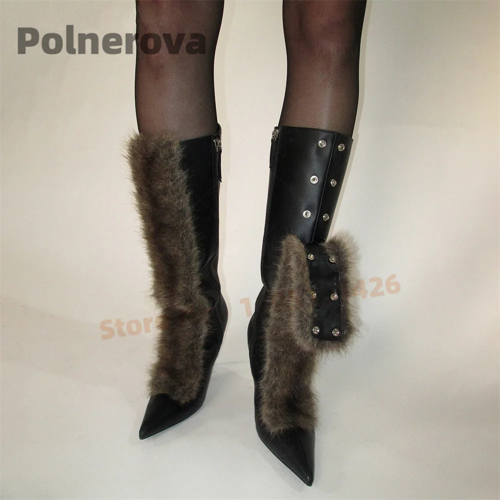 Detachable Fur Knee High Boots for Women Pointed Toe Stiletto High Heels Buttons Luxurious Style Side Zip Handmade Shoes