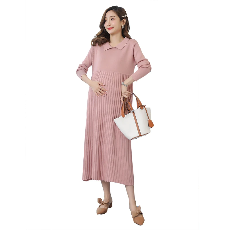 Autumn Winter Thick Warm Knitted Maternity Long Dress Sweet Clothes for Pregnant Women Winter Pleated Pregnancy Sweaters