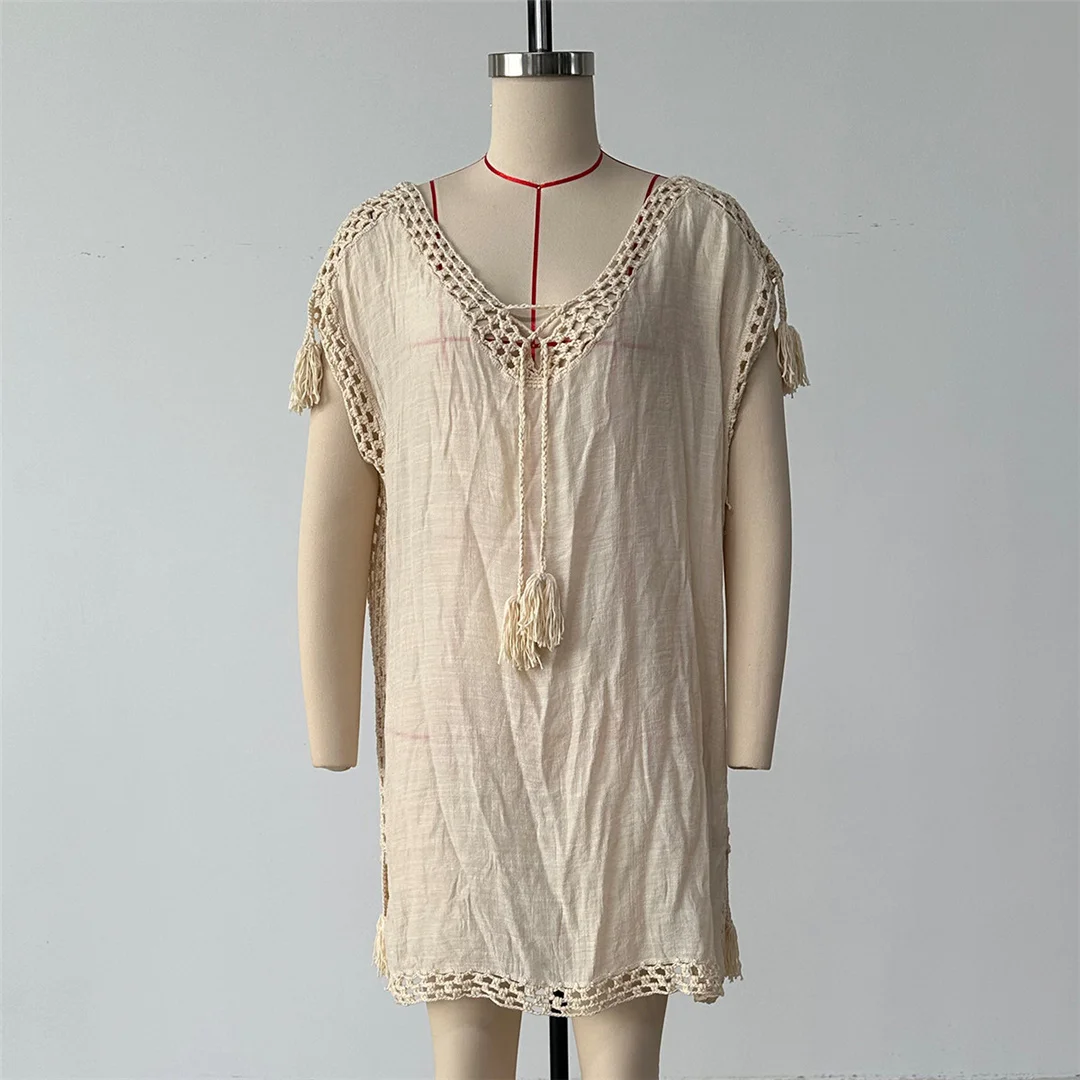 Ausgehöhlte, kurzärmelige, einfarbige, gehäkelte, gestrickte Tunika, Strand-Überwurf, Strandkleid, Strandbekleidung, Damenmode V8480 – Detail 7