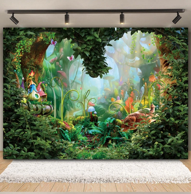 Mushroom Forest Fairy Tale Backdrop Spring Enchanted Wonderland Magic Jungle Flower Butterfly Baby Shower Photography Background