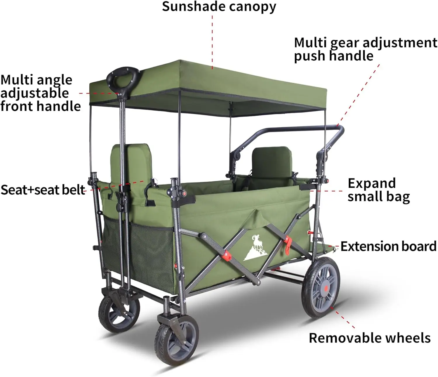 Camping, Garden & Shopping Green Collapsible Wagon with Steel Structure, 265LBS Capacity, Quick-Release Wheels & 2 Seats