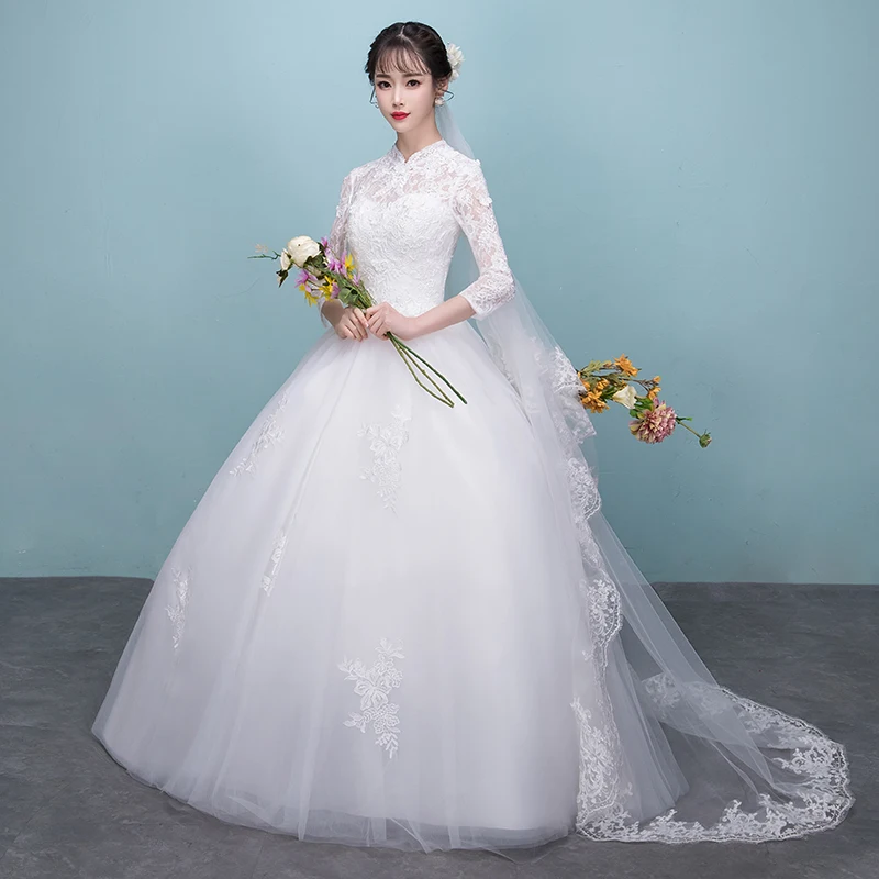 Main Wedding Dress Temperament Bride Turtleneck Mori Style Simple off-Shoulder Long Sleeve French Style Light Yarn Summer