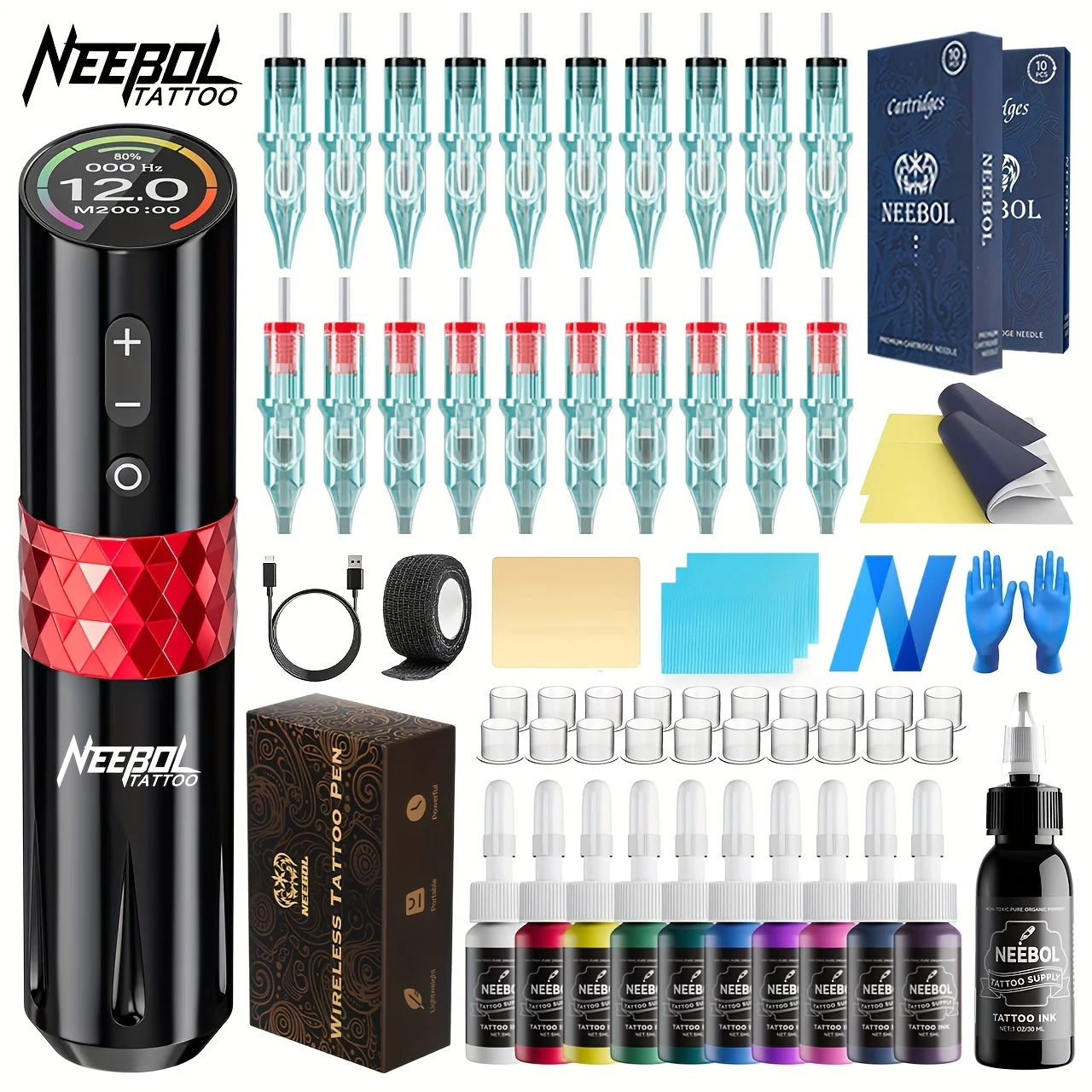 

Профессиональный полный набор для татуировки, роторная машина, беспроводная ручка для татуировки Neebol, пистолет для татуировки, 10 чернил, 20 игл для картриджей, Body Mak