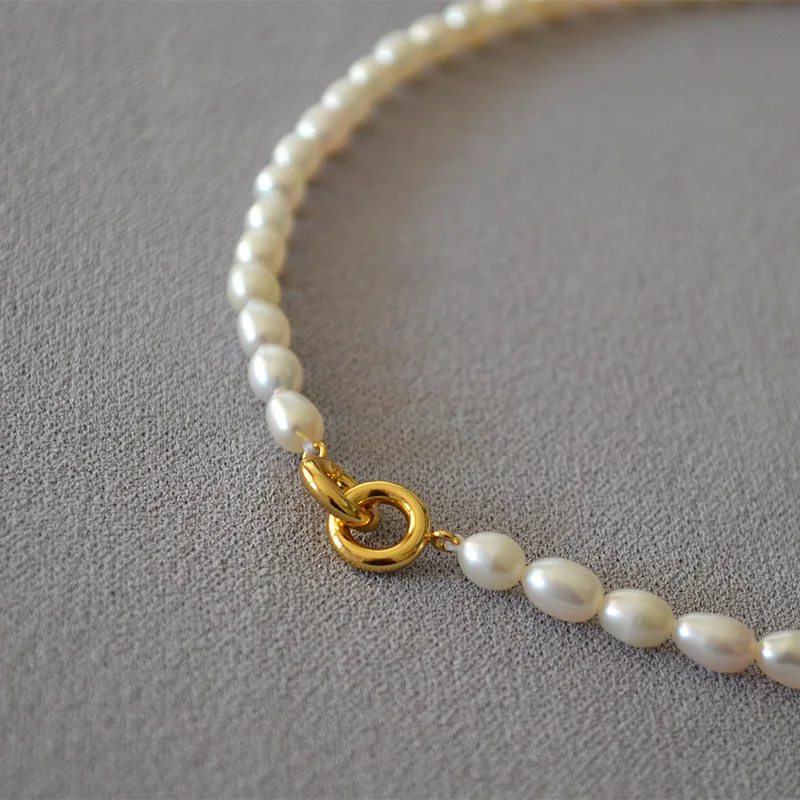 French Elegant Charming Freshwater Rice Pearl Double Ring Short Style Commuter Simple Necklace Clavicle Chain Classic Jewelry