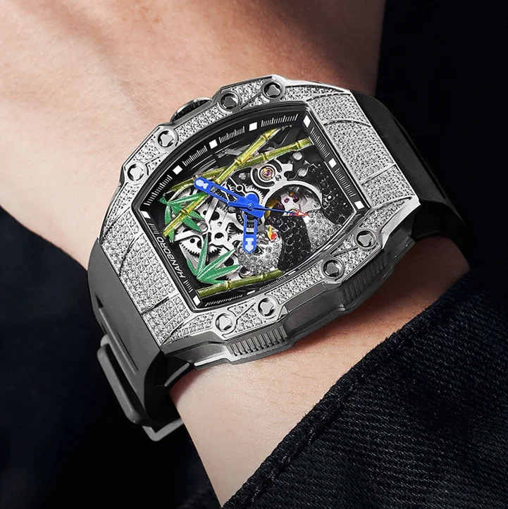 

HANBORO Мужские автоматические часы 50 м Модные механические наручные часы Светящийся кристалл Tonneau Корпус Скелет Панда Циферблат Miyota 82S0