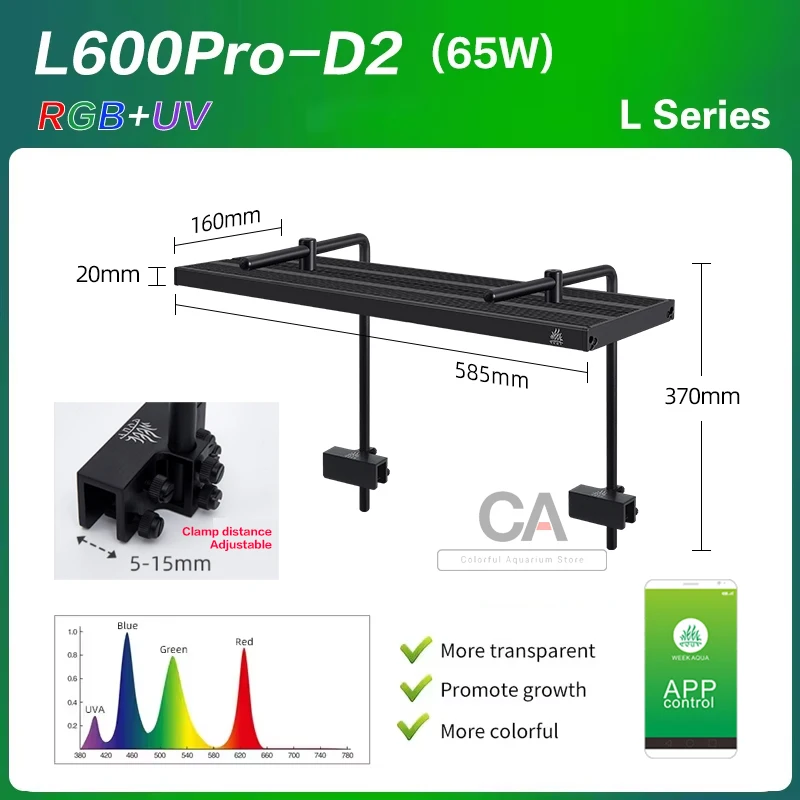 WEEK AQUA L Series, Aquarium LED Grow for Plants, App Control, Aquariums Equipment Lighting, RGB + UV,Adjus width