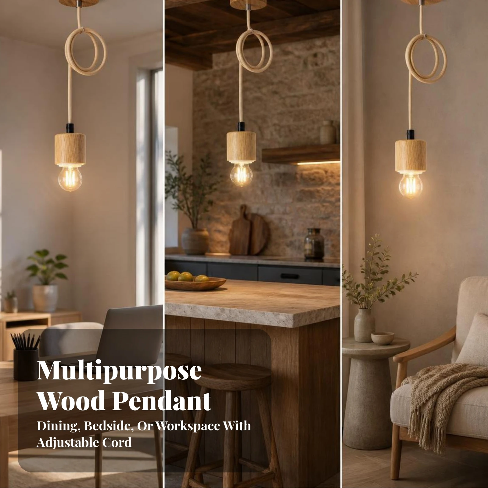 Wood Pendant Light Minimalist Single-Head Pendant Light Hanging Lamp Kit with Adjustable Cord Rustic Industrial for Dining Room