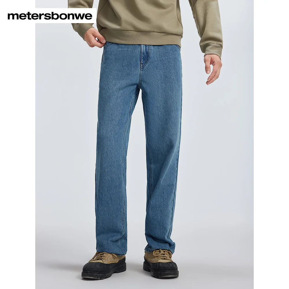 Metersbonwe-Mens Traditional Straight Leg Jeans Comfort Soft Fabric Solid Color Denim Retro Pants Outdoor Commuter Casual Winter