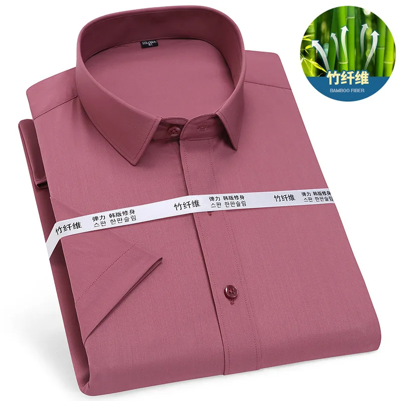 Camicia da lavoro bianca casual in fibra di bambù non stirabile, colore puro, abbigliamento da lavoro, camicia da uomo slim quotidiana, manica corta