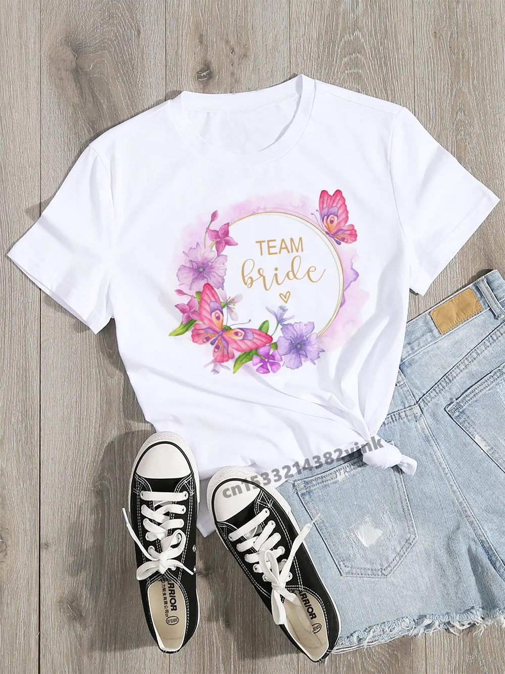 

Team Bride Floral Bachelorette Wedding Party Women Evjf Tee Shirt Casual ladies basic O-collar White Short Sleeved T-shirt Girl