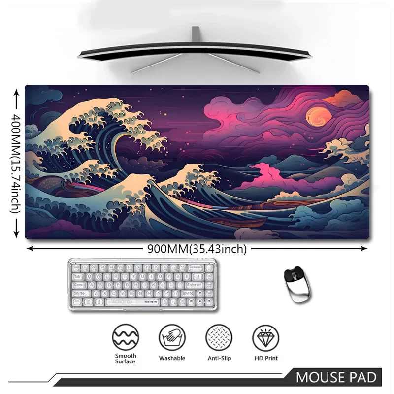 日本風波紋HDマウスパッド 大型 日本美術 ラバー スピードゲーム 厚縁マウスパッド XXL エッジ コンピューター オフィス デスクマット