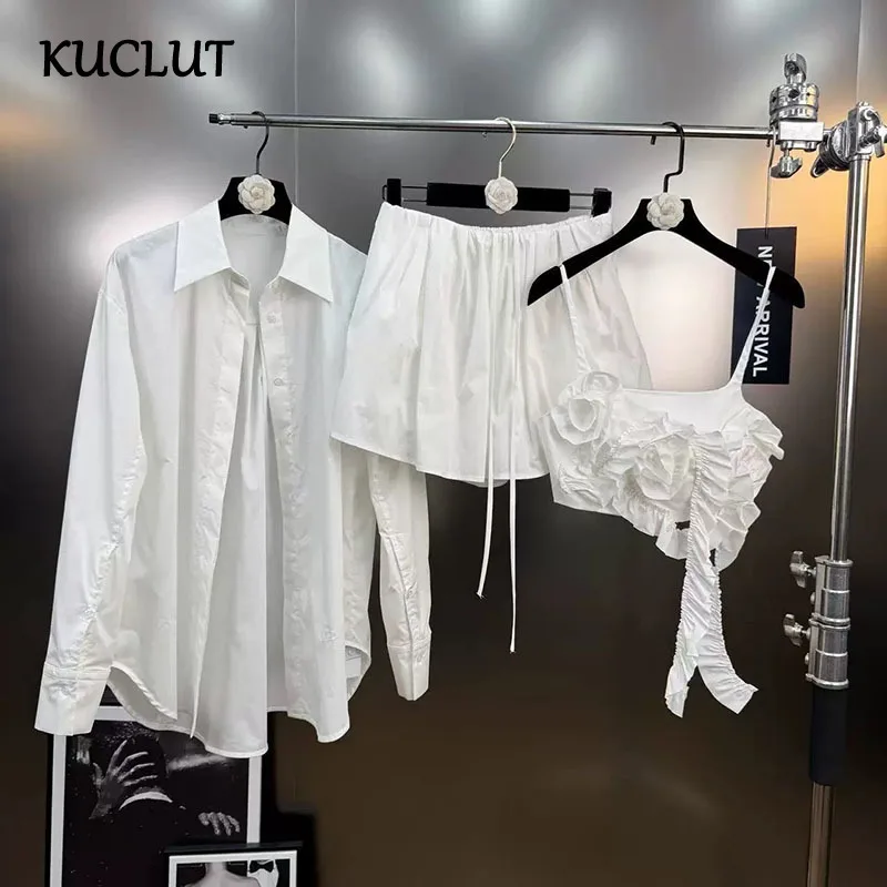 

KUCLUT Fashion Women's Turn-down Collar Long Sleeve Single-breasted Shirt Drawstring Shorts Big Flower Ribbon Tank Tops 1A190