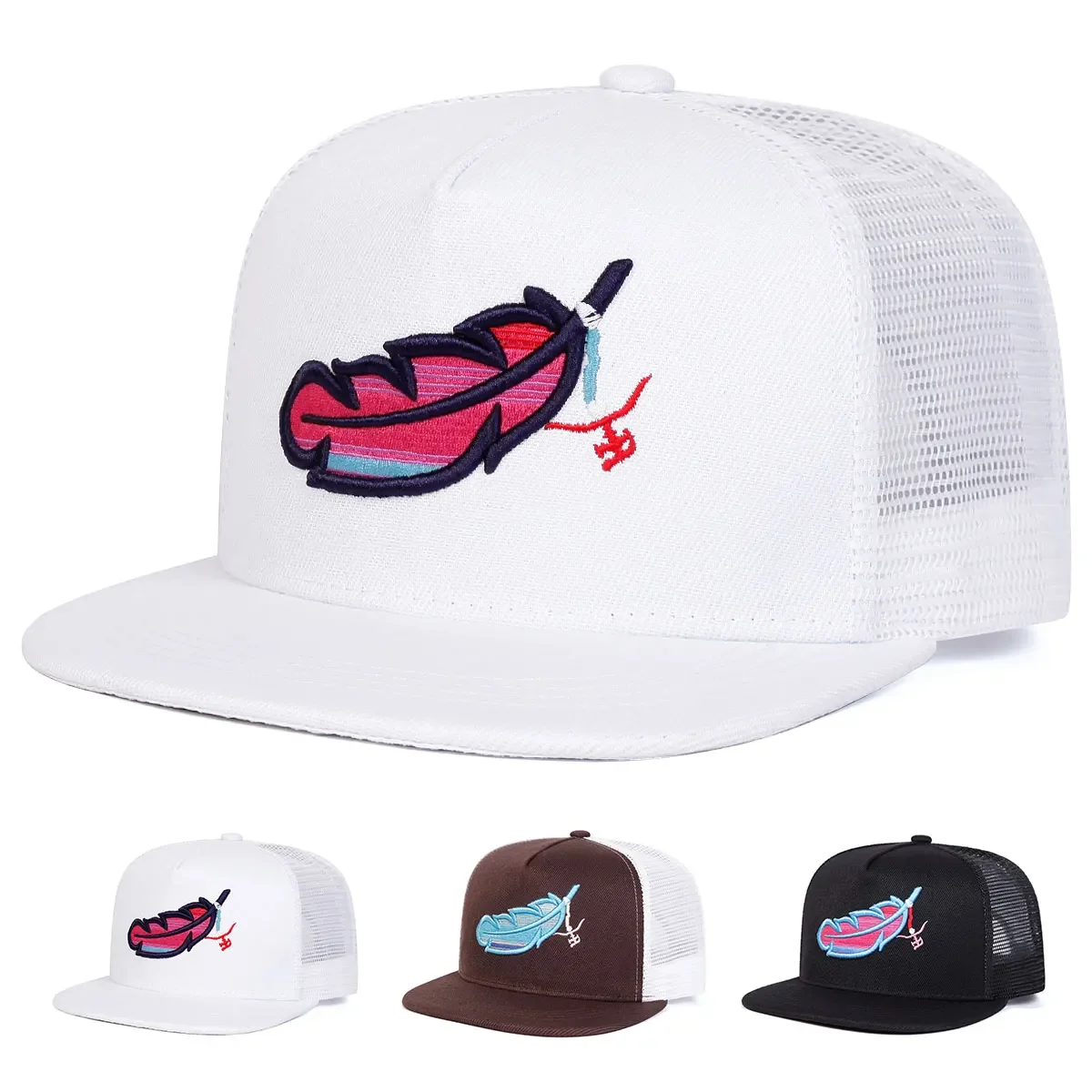 Unisex Colorful Feather Embroidery Hip-hop Net Hats Spring Summer Adjustable Casual Snapback Baseball Caps Outdoor Sunscreen Hat