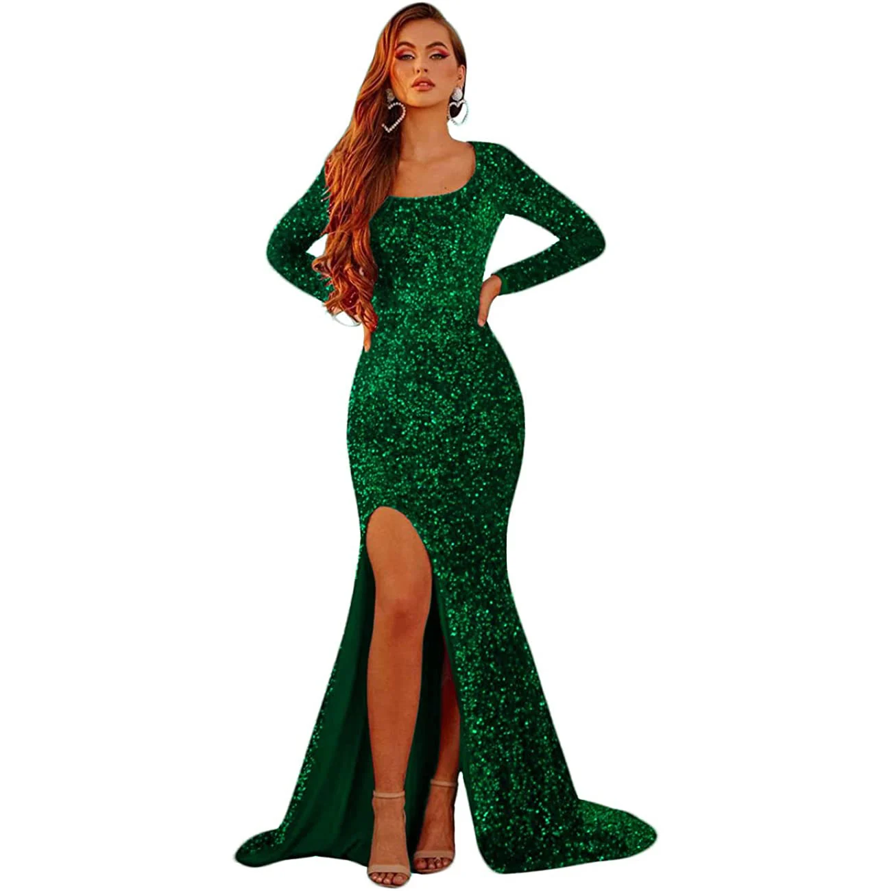 

FDHAOLU Women's long-sleeved sequin mermaid prom dress long split formal dress evening dress shiny prom dress LO2043