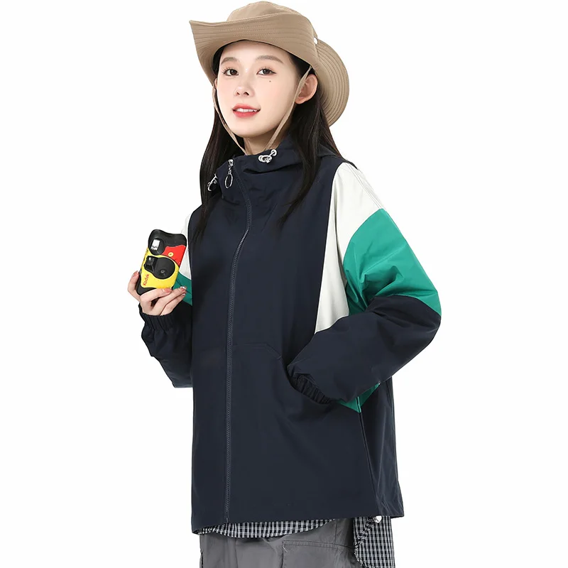 New Female Versatile Fashion Contrasting Color Patchwork Hooded Coat For Women'S Trend Spring And Autumn Loose Casual Jacket