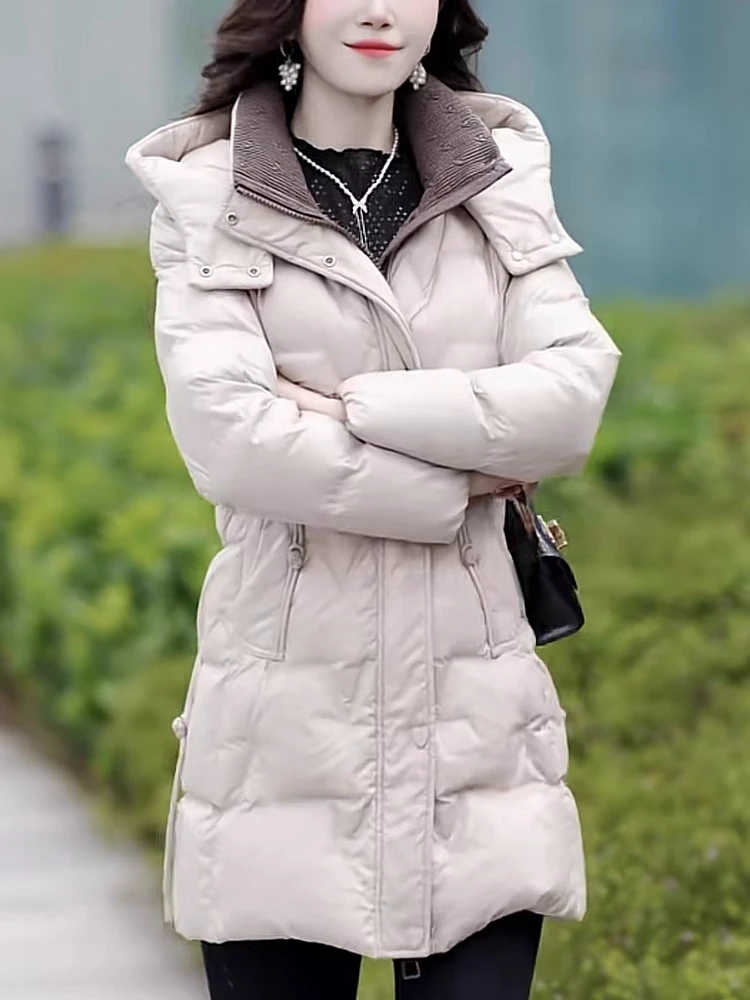 

Women's down Cotton Jacket Coat Mid-Length Thickened Warm Spring Autumn Winter New Style Mom Coat Hooded Zipper Closure Pure ...
