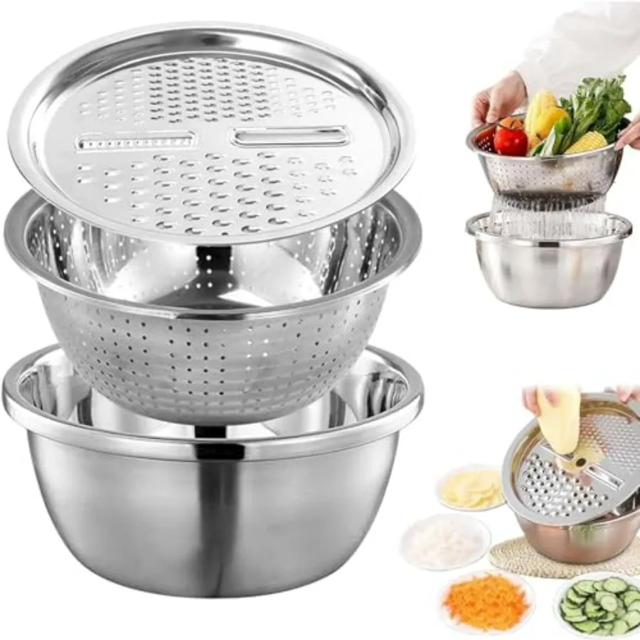 

Germany Multifunctional Stainless Steel Basin, Multifunction Stainless Steel Basin with Grater 3 in 1 Vegetable Cutter for Kitc