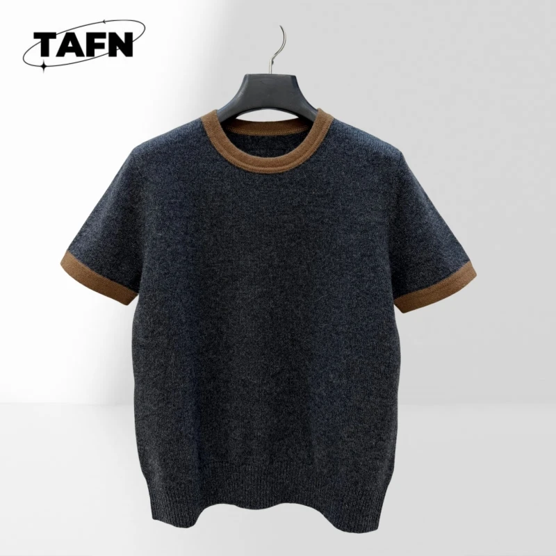 New Luxury Contrast Trim Knitted T Shirt Women Elegant Minimalist Short Sleeve Slim Fit Top Casual Chic Summer Knitwear BF1008
