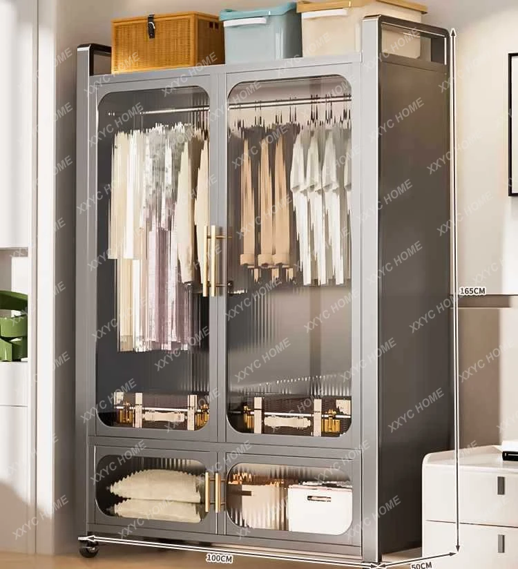 H Steel removable wardrobe bedroom household wrought iron metal full hanging storage cabinet