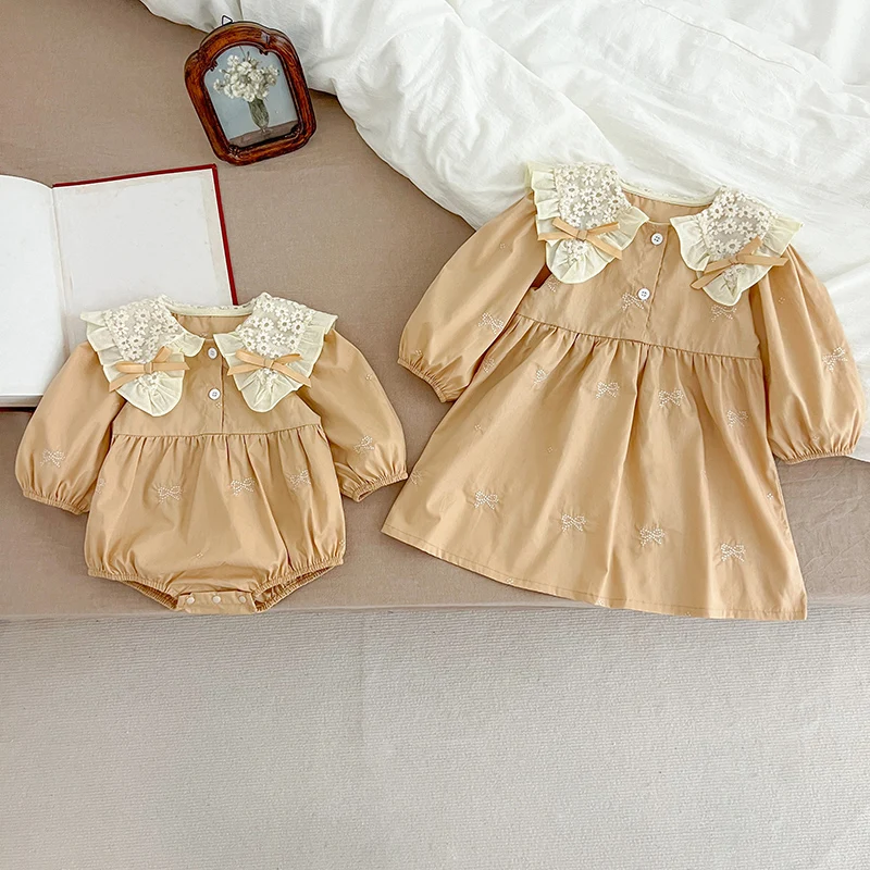 2024 New Autumn Kids Princess Dresses 2-6Yrs Girl Party Dress Long Sleeved Cotton Embroidery Baby Girl Romper Sister Dress