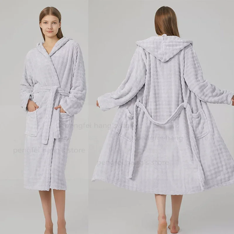 Warm Coral Fleece Robe Women Soft Sleepwear Autumn Winter Home Clothing Solid Color Kimono with Pocket Shower Bathrobe Gown